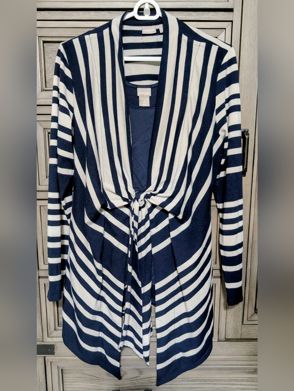 Chico's Navy & Cream Striped Tie-Front Cardigan And Tank Top